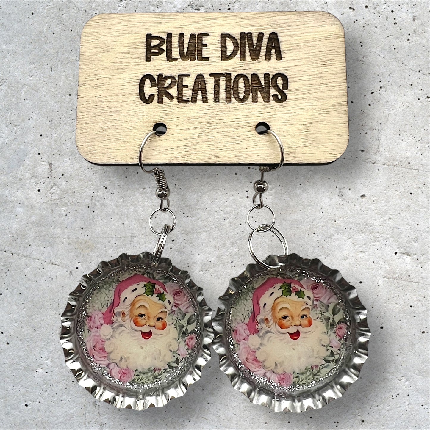 Pink Vintage Santa Bottle Cap Earrings