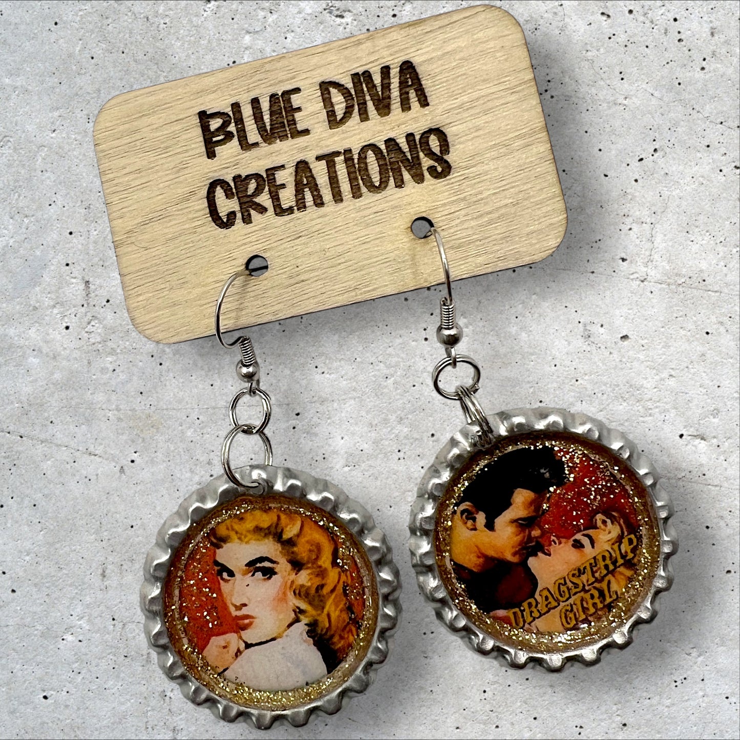 Retro drag strip girl bottle cap earrings