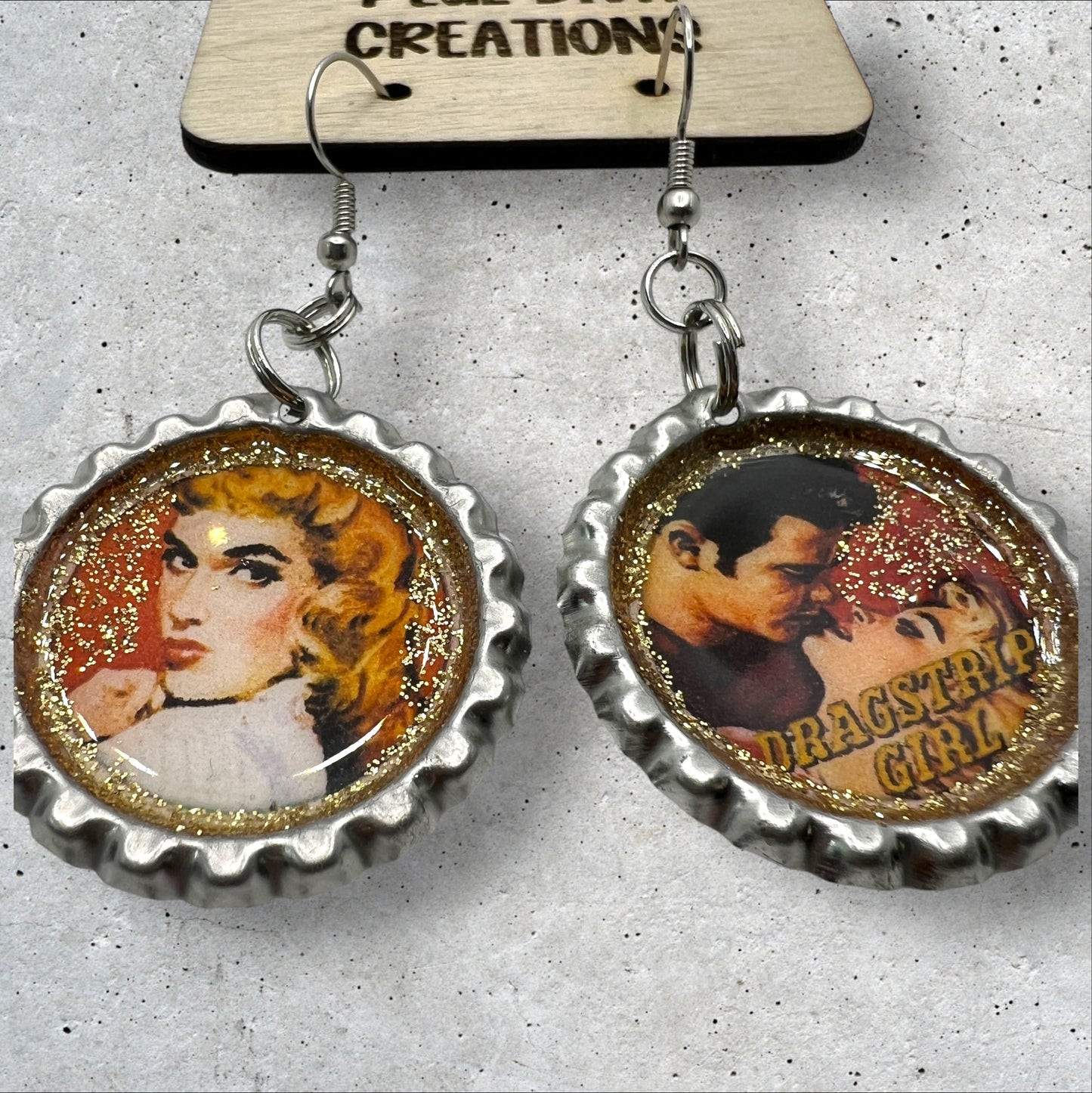 “Dragstrip Girl” Retro Mismatched Bottle Cap Earrings