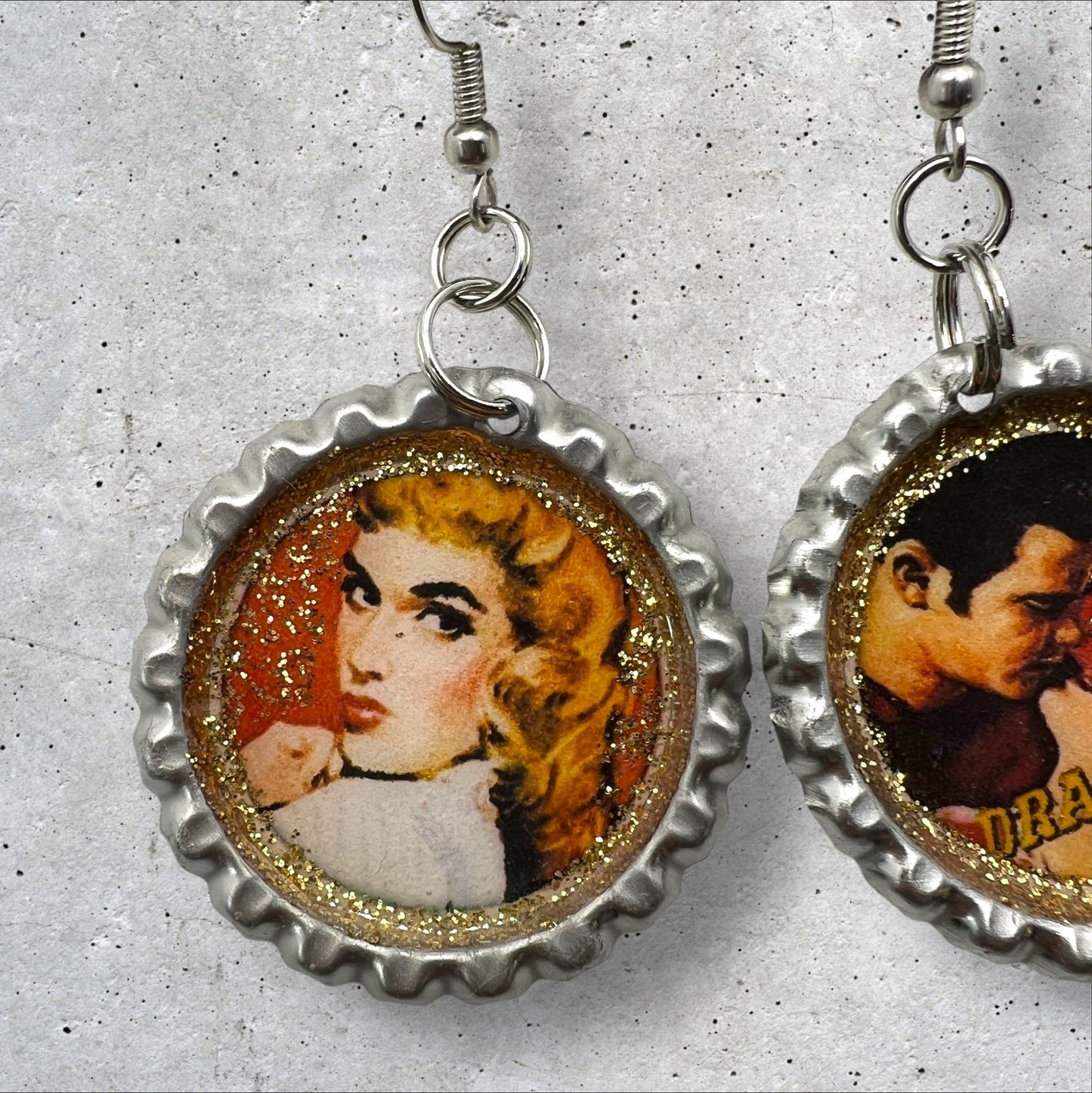 “Dragstrip Girl” Retro Mismatched Bottle Cap Earrings