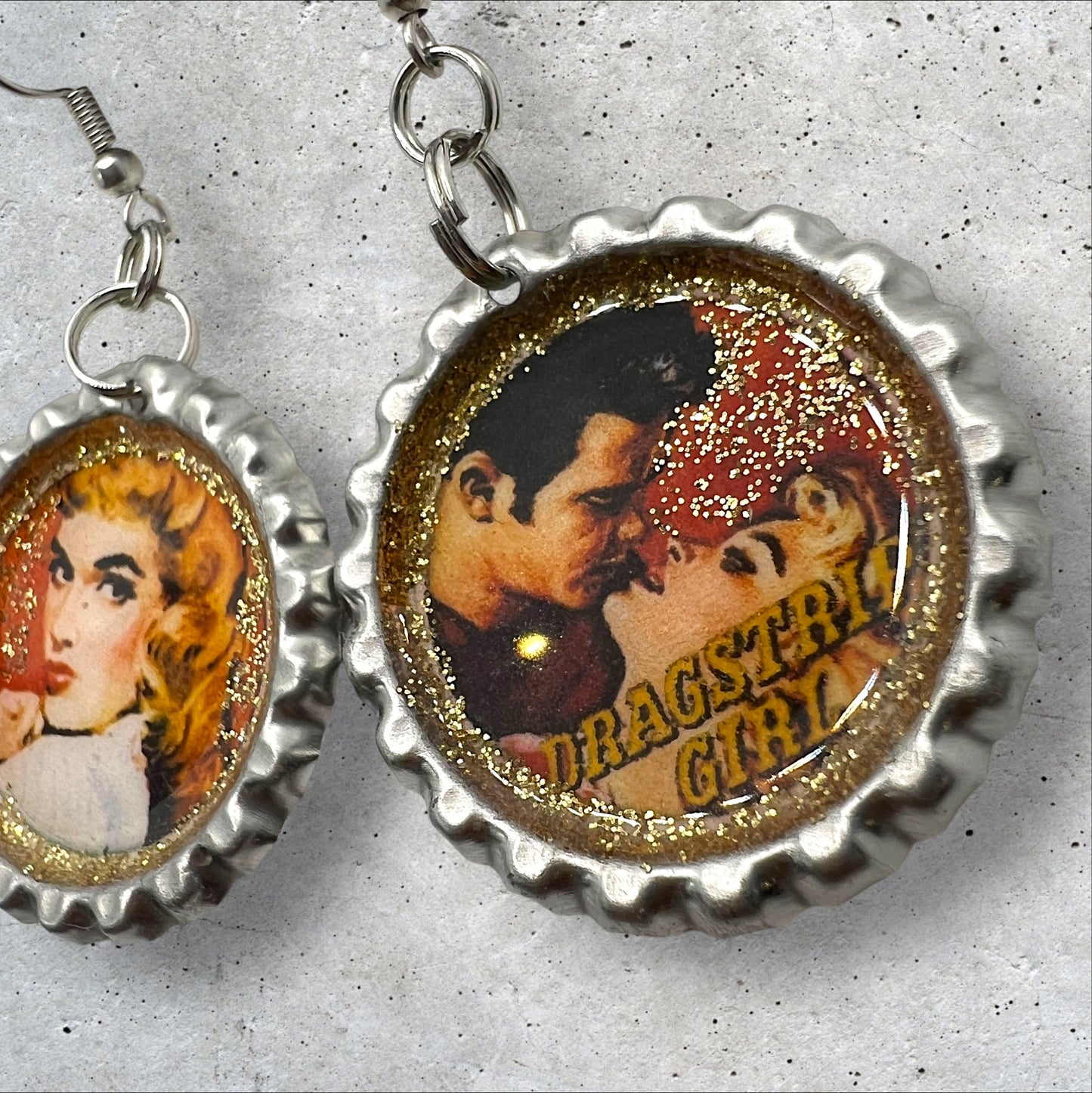 “Dragstrip Girl” Retro Mismatched Bottle Cap Earrings