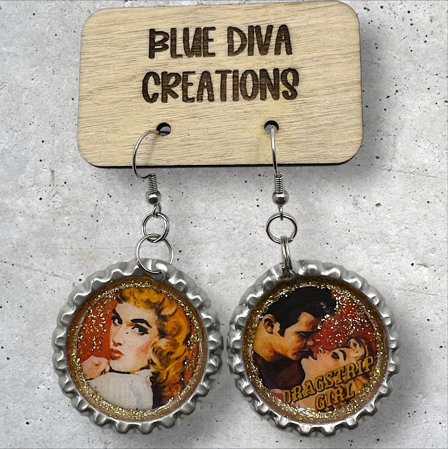 “Dragstrip Girl” Retro Mismatched Bottle Cap Earrings