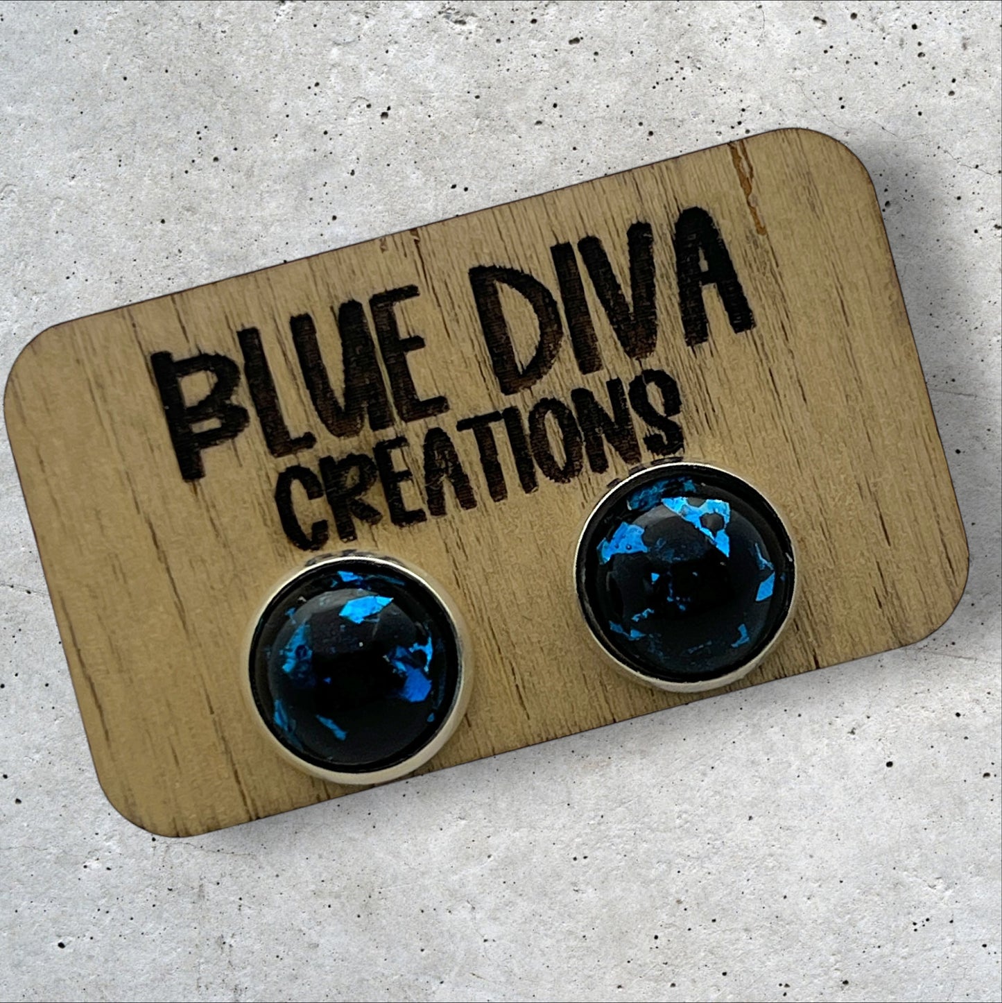 Black Resin Stud Earrings with Blue Foil Flecks 12mm
