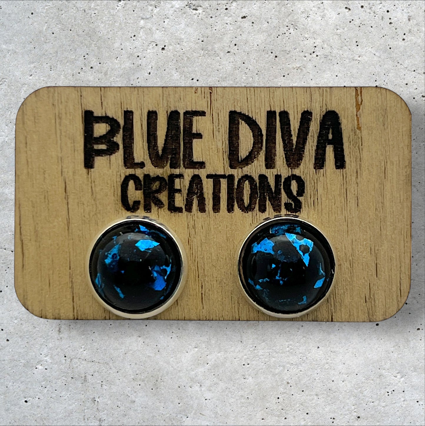 Black Resin Stud Earrings with Blue Foil Flecks 12mm