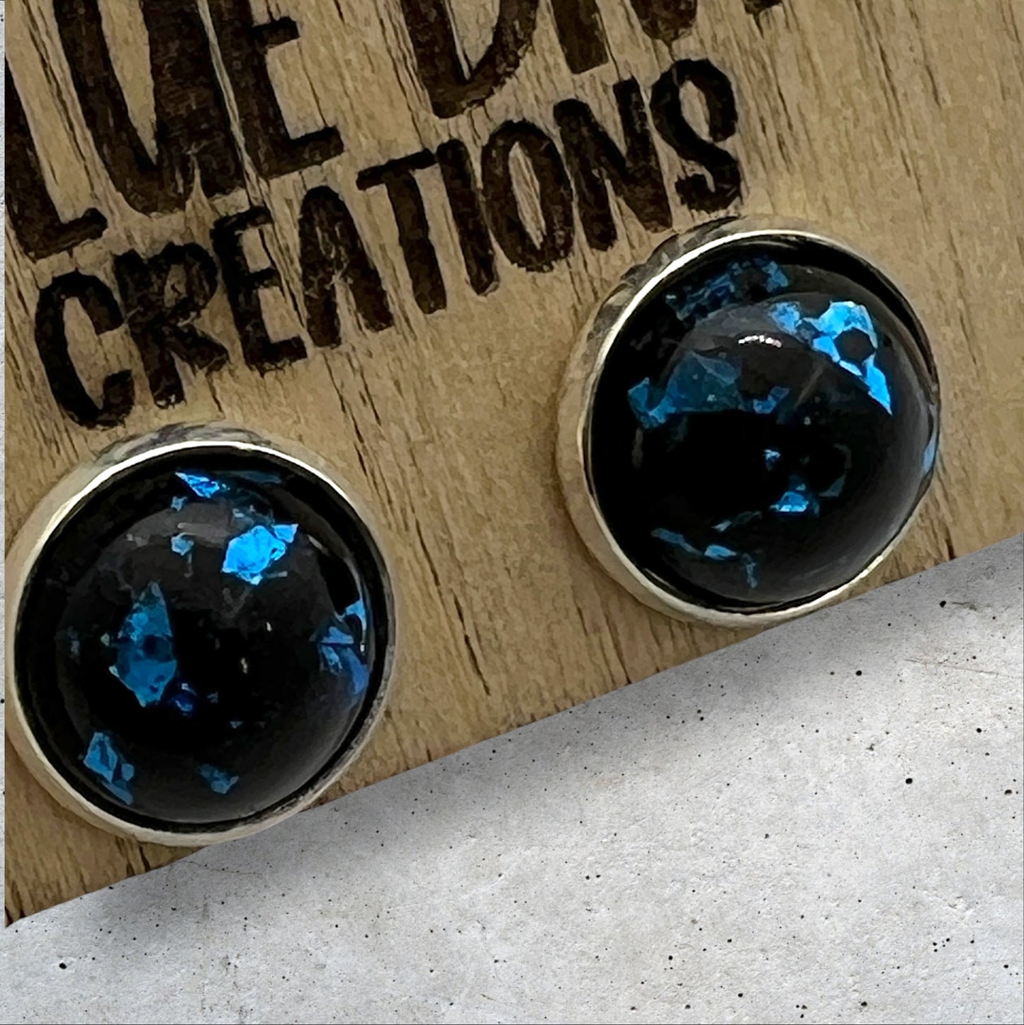 Black Resin Stud Earrings with Blue Foil Flecks 12mm