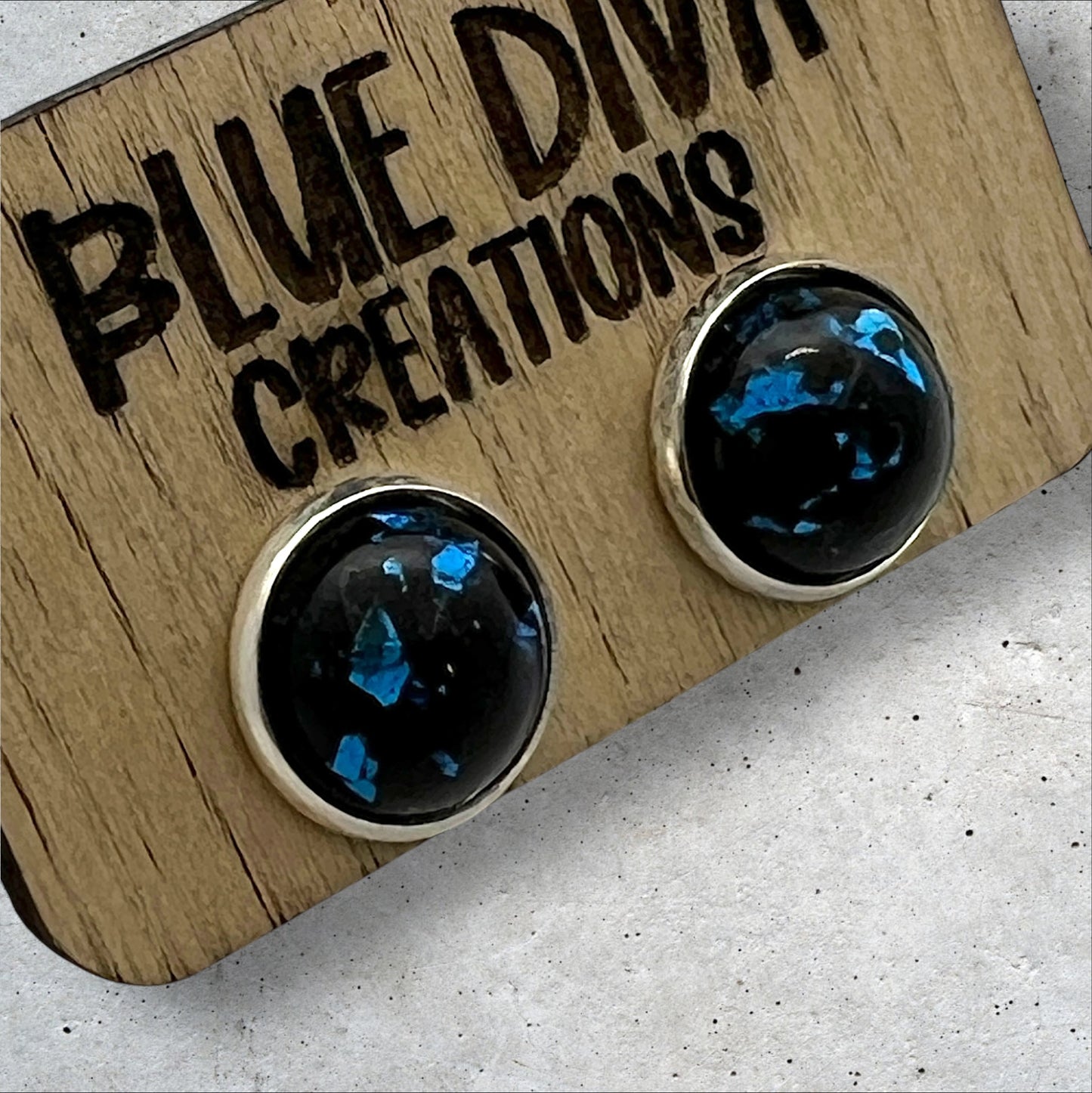 Black Resin Stud Earrings with Blue Foil Flecks 12mm