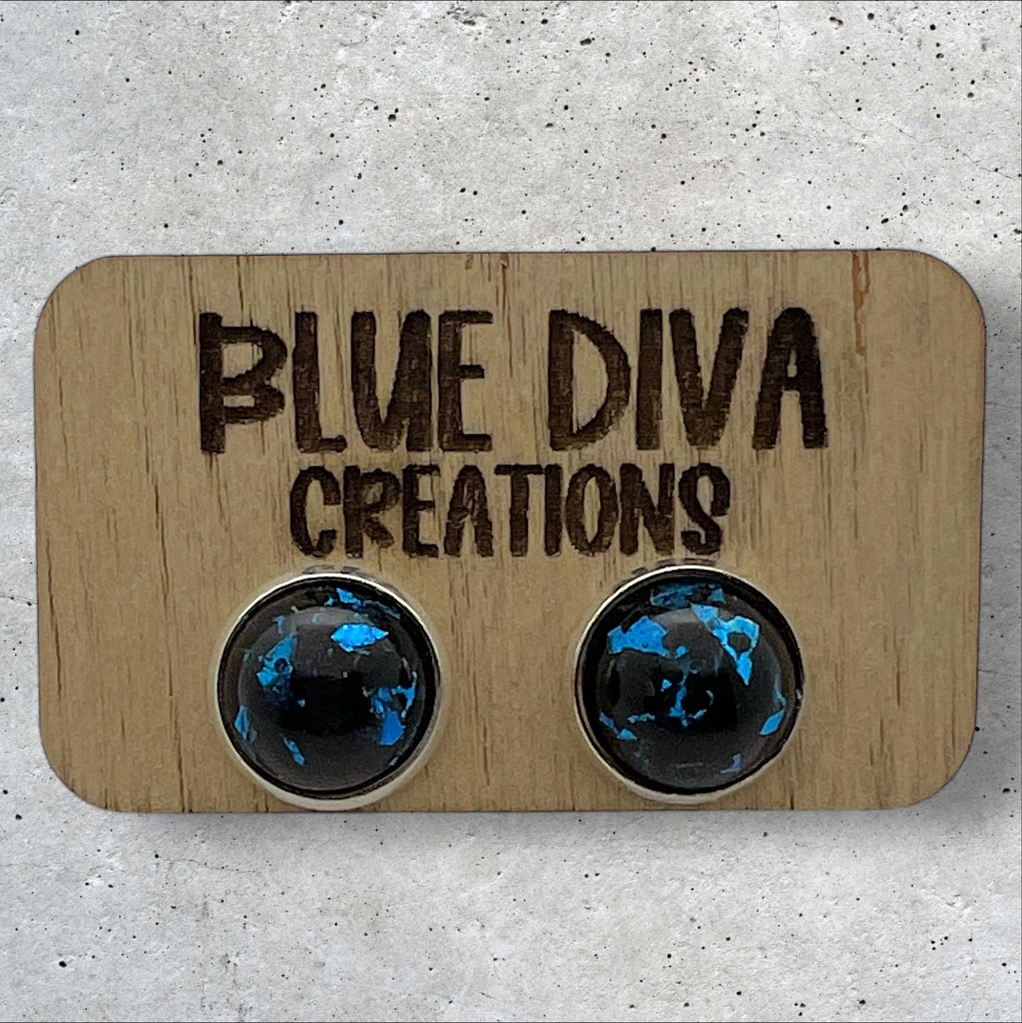 Black Resin Stud Earrings with Blue Foil Flecks 12mm