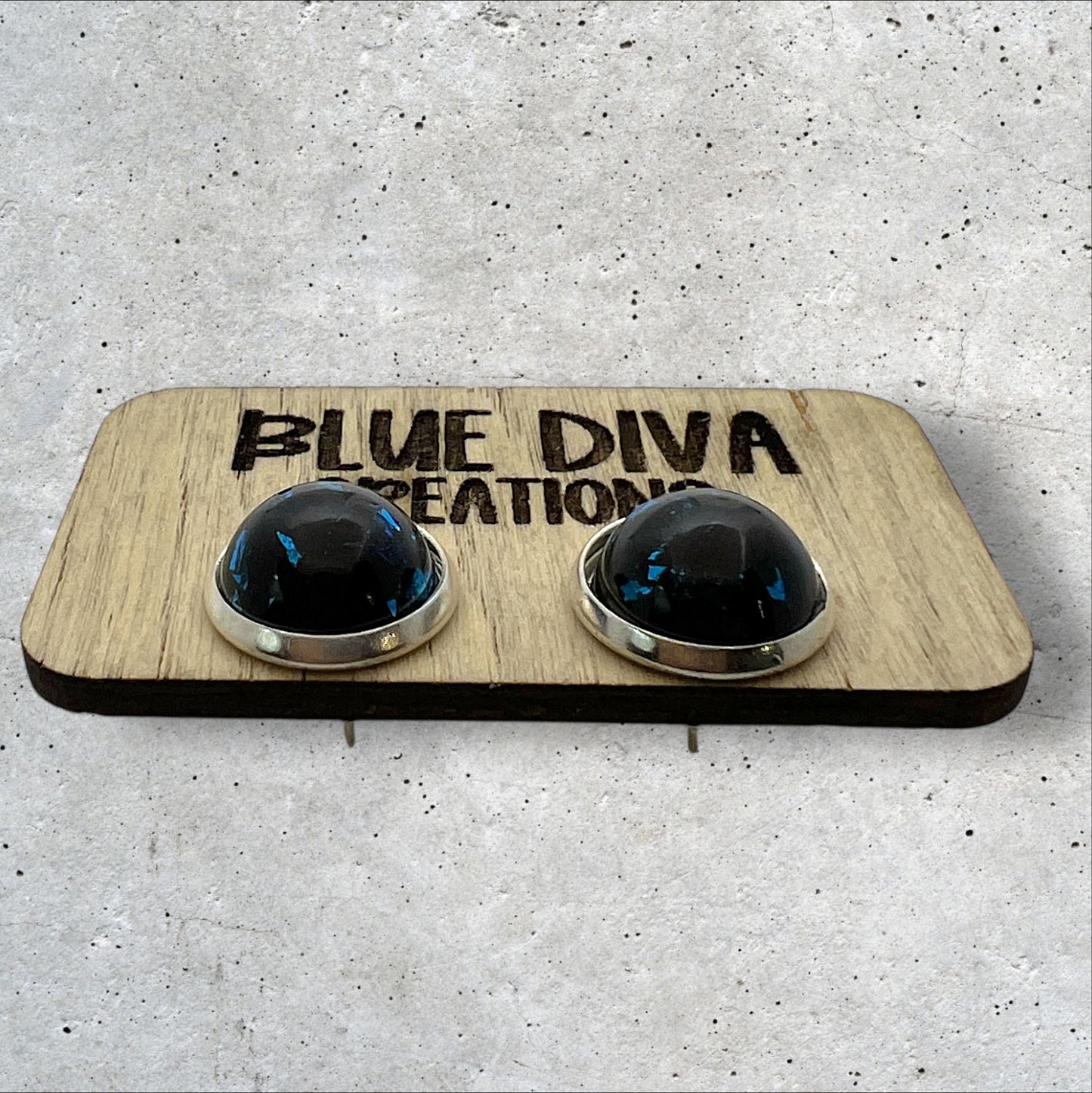 Black Resin Stud Earrings with Blue Foil Flecks 12mm