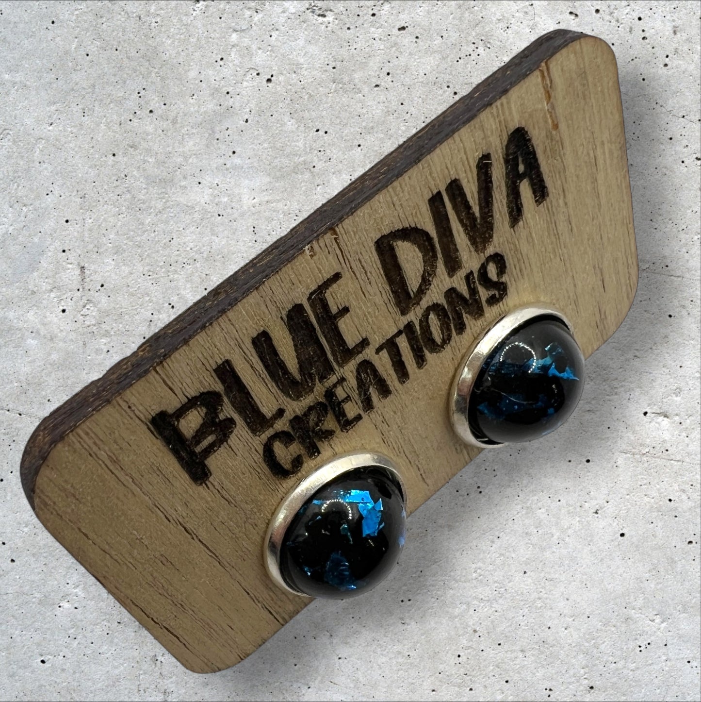 Black Resin Stud Earrings with Blue Foil Flecks 12mm