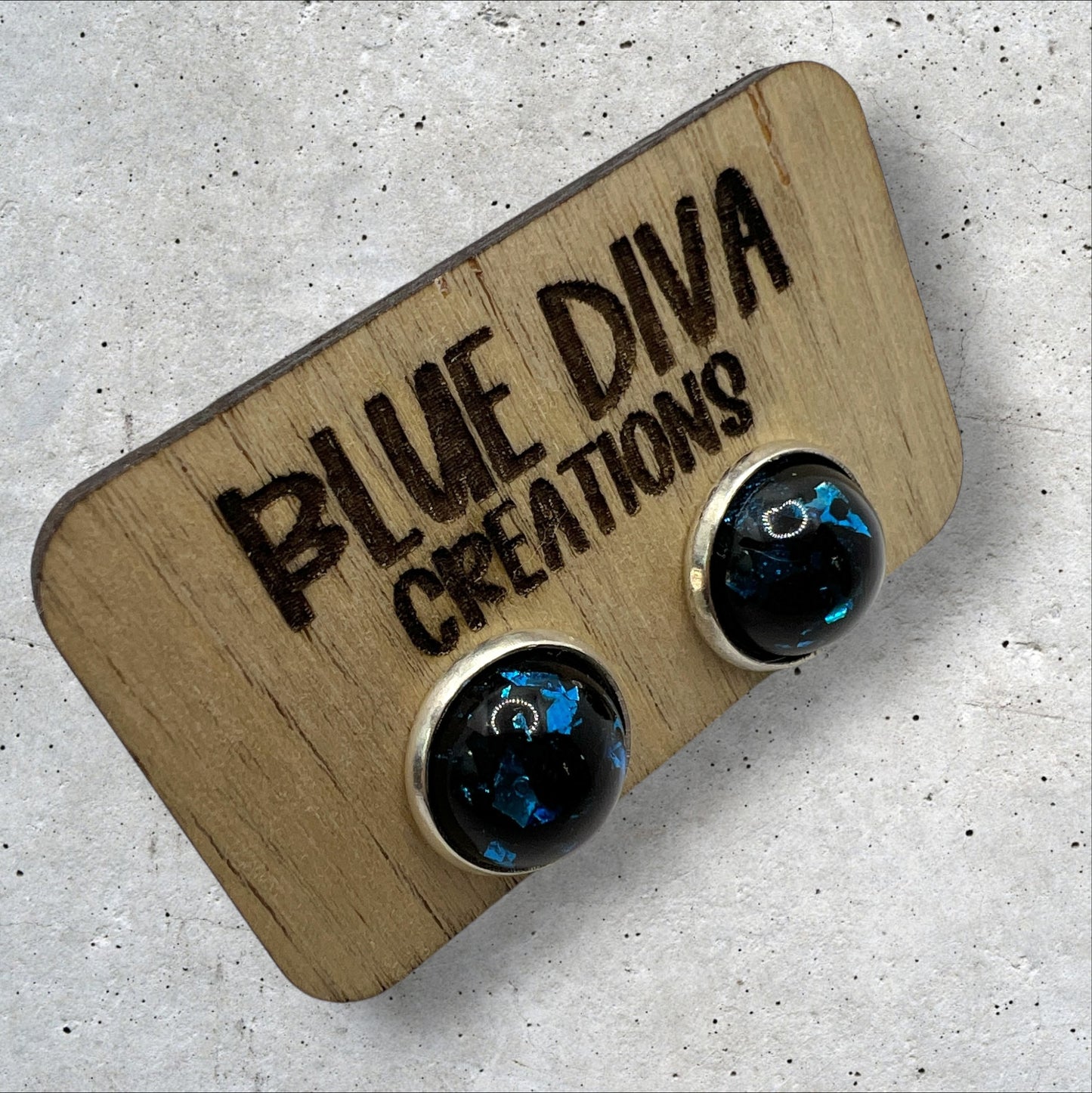 Black Resin Stud Earrings with Blue Foil Flecks 12mm