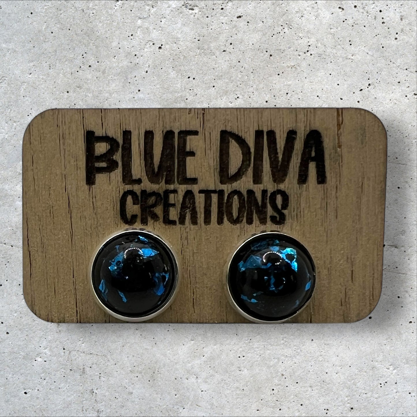 Black Resin Stud Earrings with Blue Foil Flecks 12mm