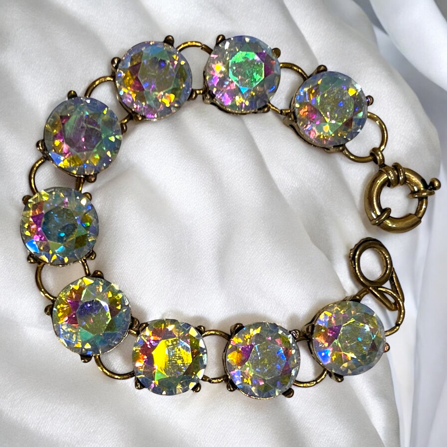 Vintage Style Aurora Borealis Rhinestone Bracelet Gold Tone Round Glass Stones