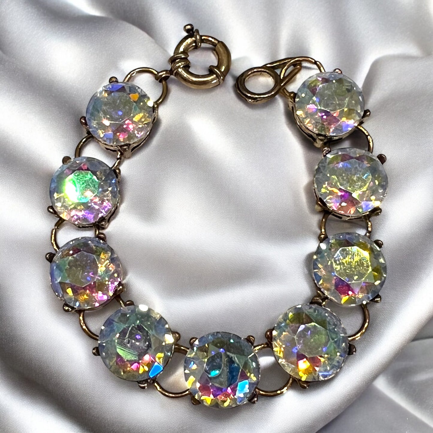 Vintage Style Aurora Borealis Rhinestone Bracelet Gold Tone Round Glass Stones