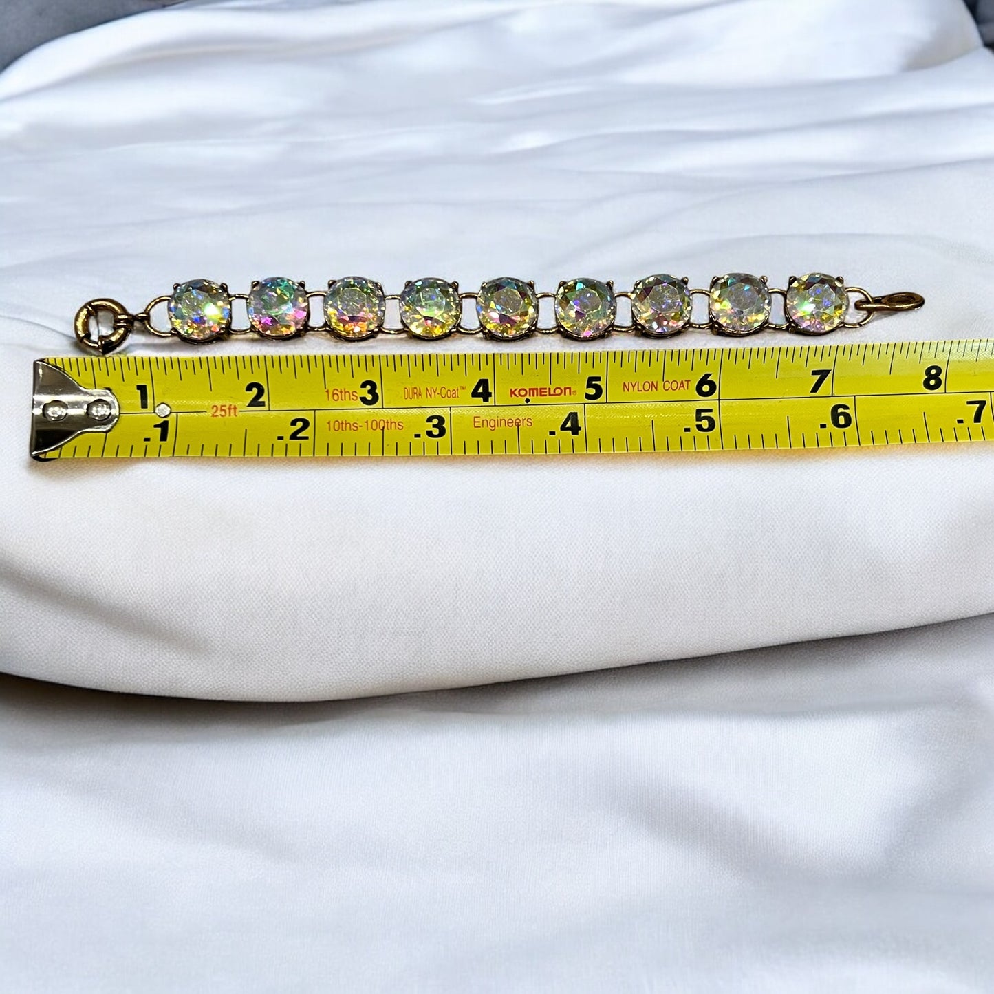 Vintage Style Aurora Borealis Rhinestone Bracelet Gold Tone Round Glass Stones