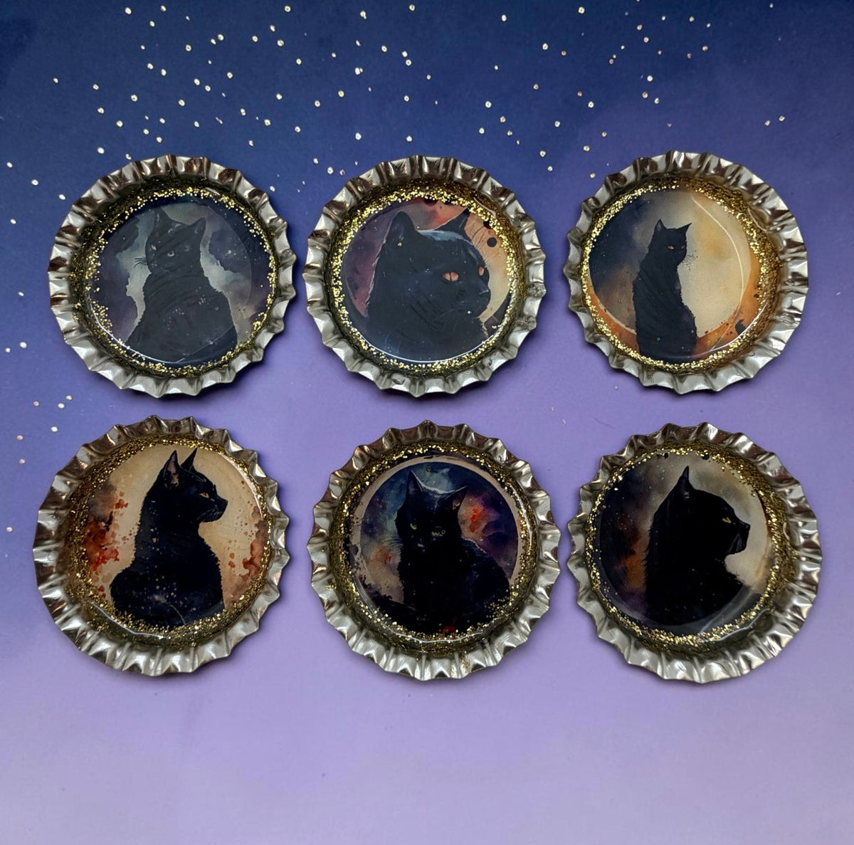 Gothic Black Cat Bottle Cap Magnets