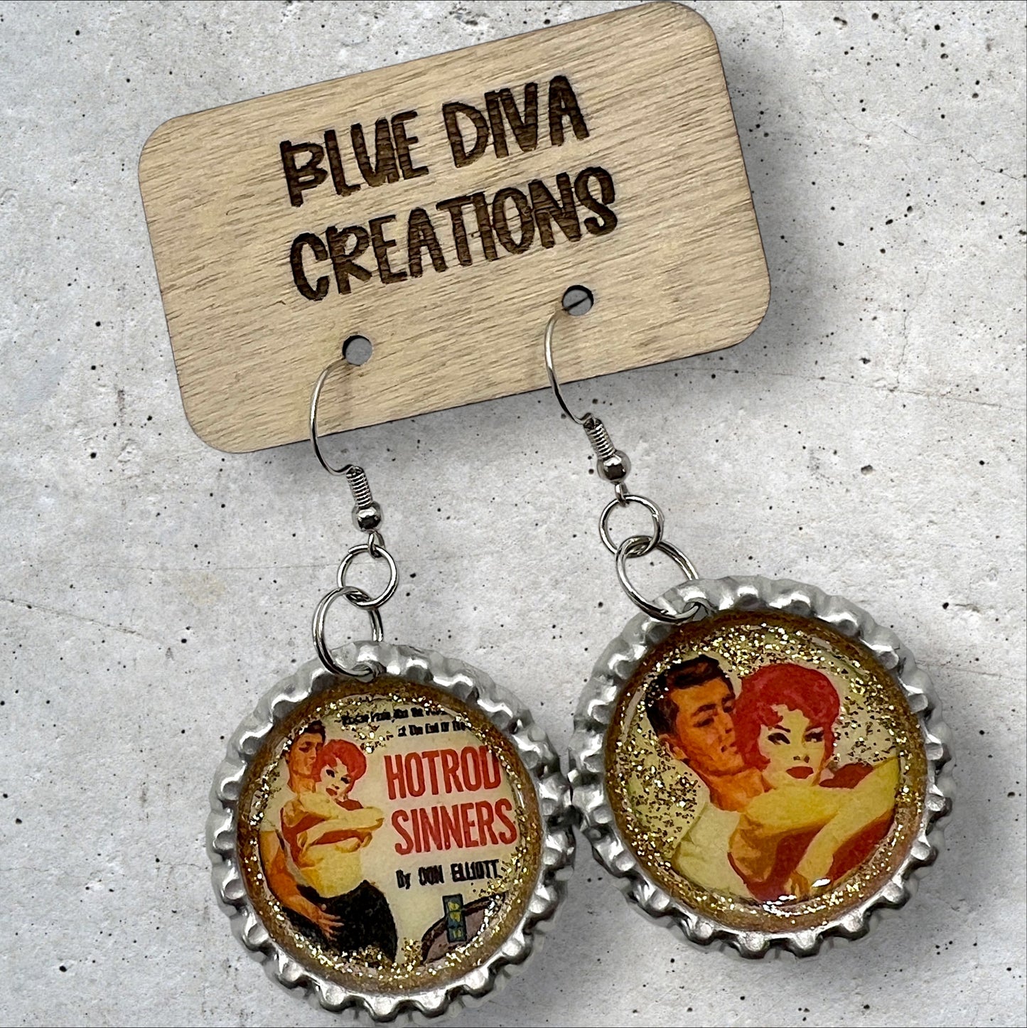 Pulp fiction hotrod sinners bottle cap handmade earrings