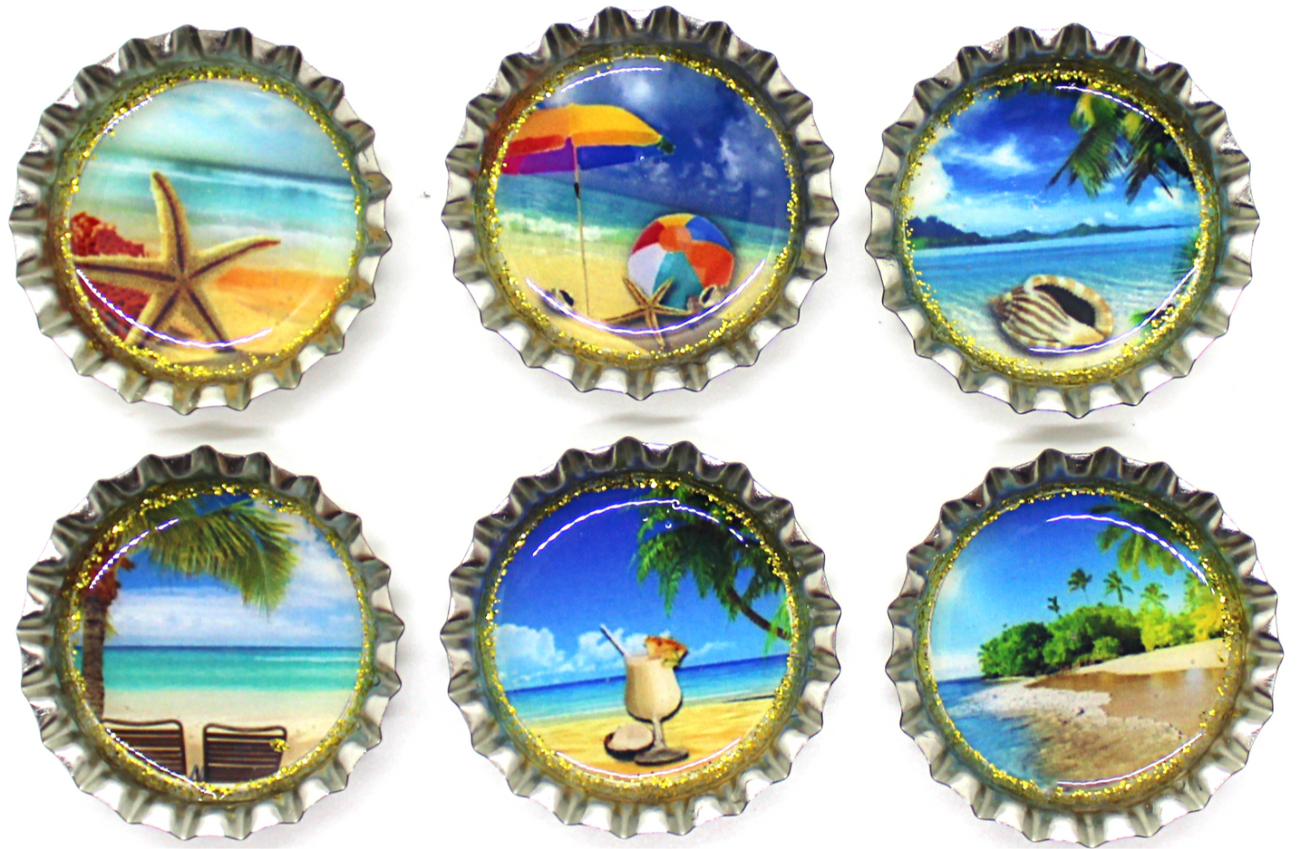 Set of 6 Bottle Cap beach theme magnet set featuring starfish, palm trees, ocean, Pina colada, sand, shells, umbrella, beach ball and relaxing ocean settings
