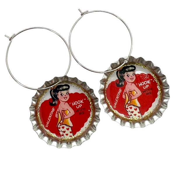 Vintage Valentine "Let’s Hook Up" Bottle Cap Earrings