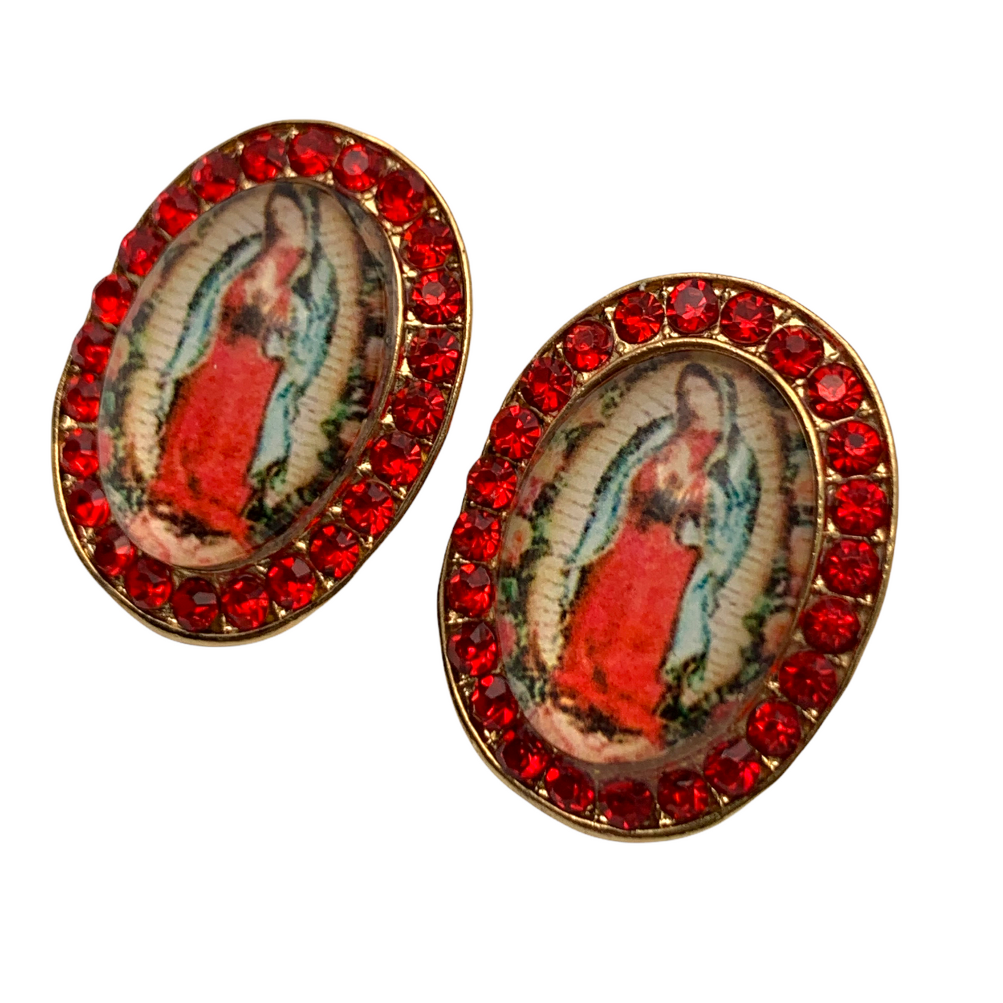 Up close photo of Oval Virgen de Guadalupe Post Earrings With Red Crystal Stones