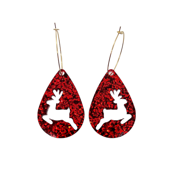 Red Glitter “Christmas Reindeer” Resin Earrings