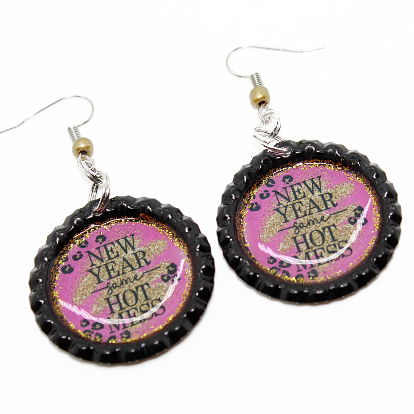Pink “Hot Mess“ New Year Bottle Cap Earrings