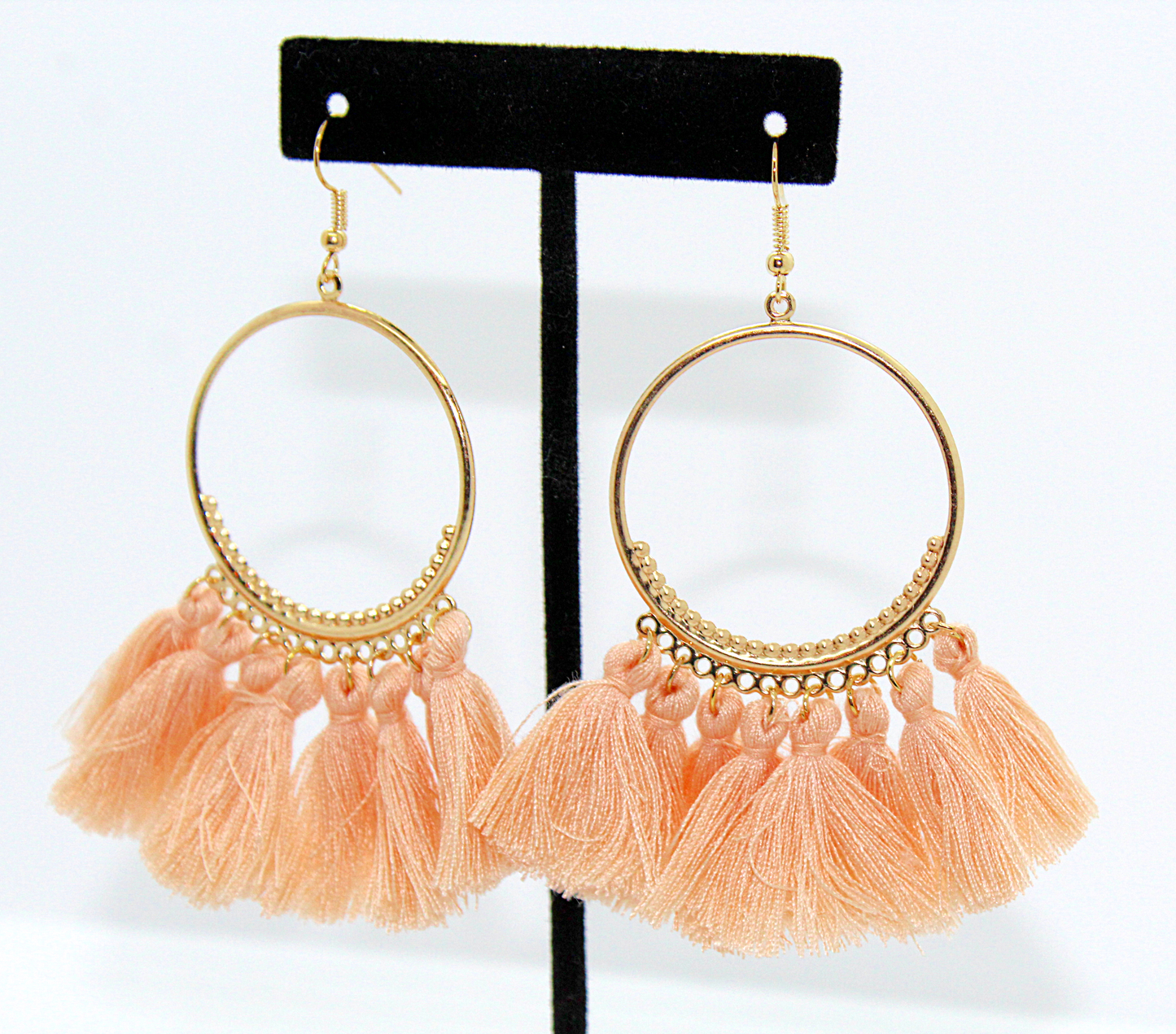 Boho Peach and gold hoop tassel earrings