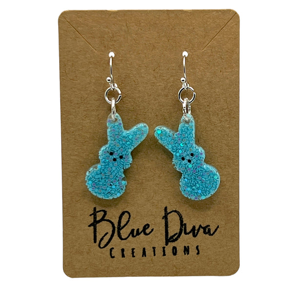 Iridescent Blue Glitter Bunny Resin Earrings