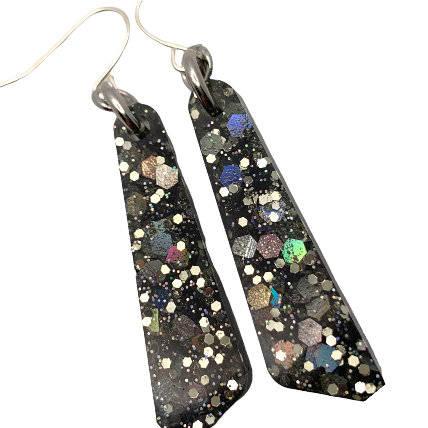 Small Black & Silver Resin Dangle Earrings