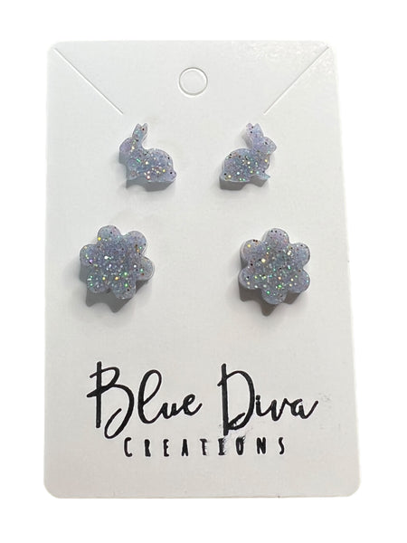 Silver Holographic Glitter Bunnies & Flowers Resin Stud Earrings