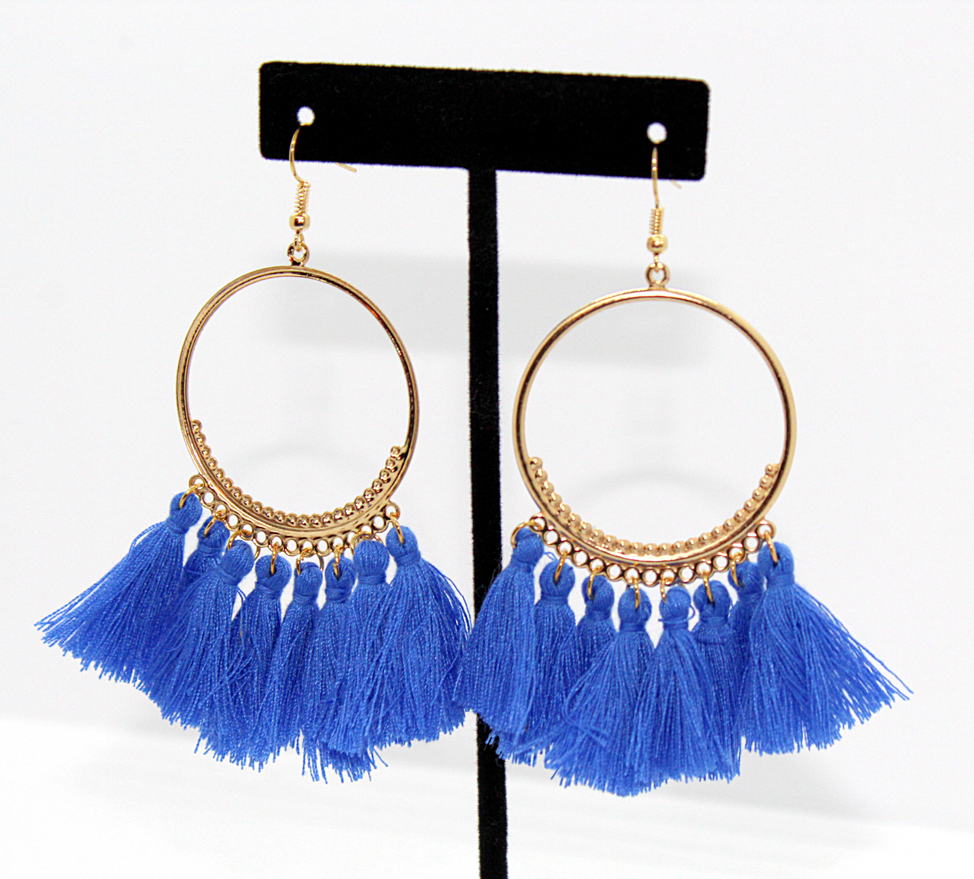 Boho Blue and gold hoop tassel earrings