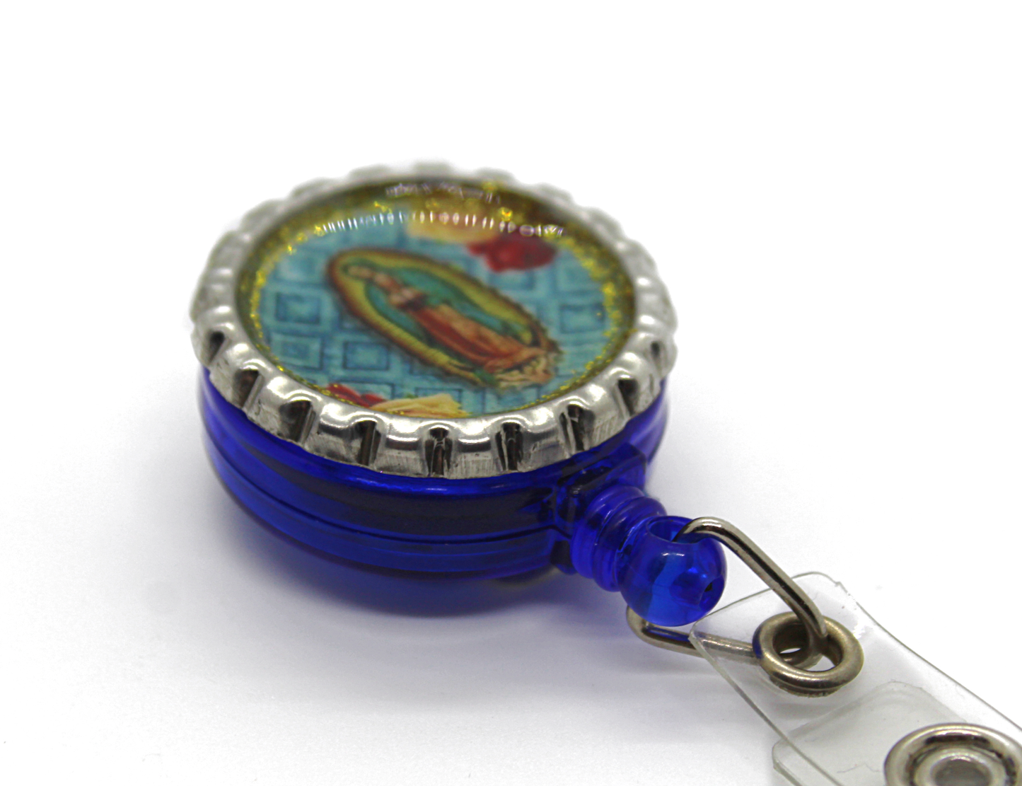 virgen de Guadalupe Bottle Cap Badge Reel