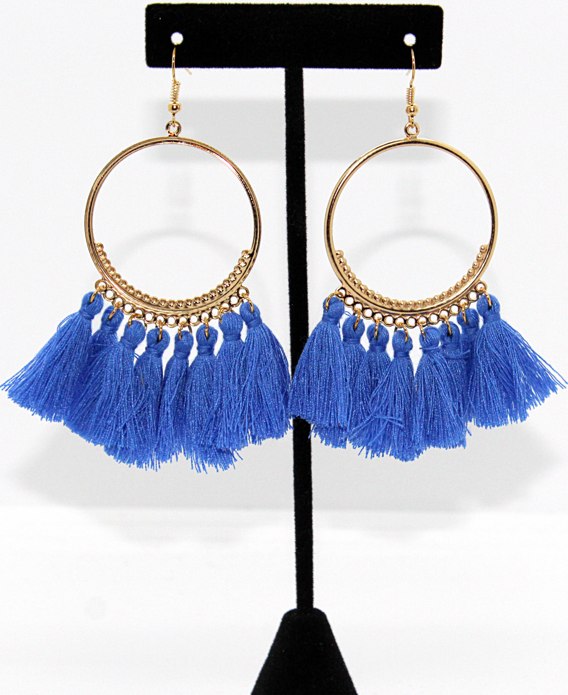 Boho Blue and gold hoop tassel earrings