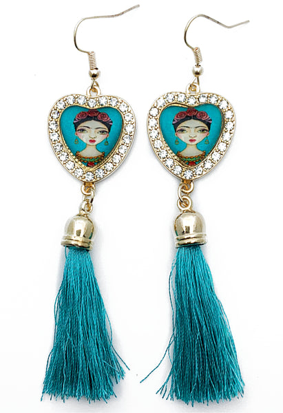 “Frida Heart” Teal Long Tassel Earrings
