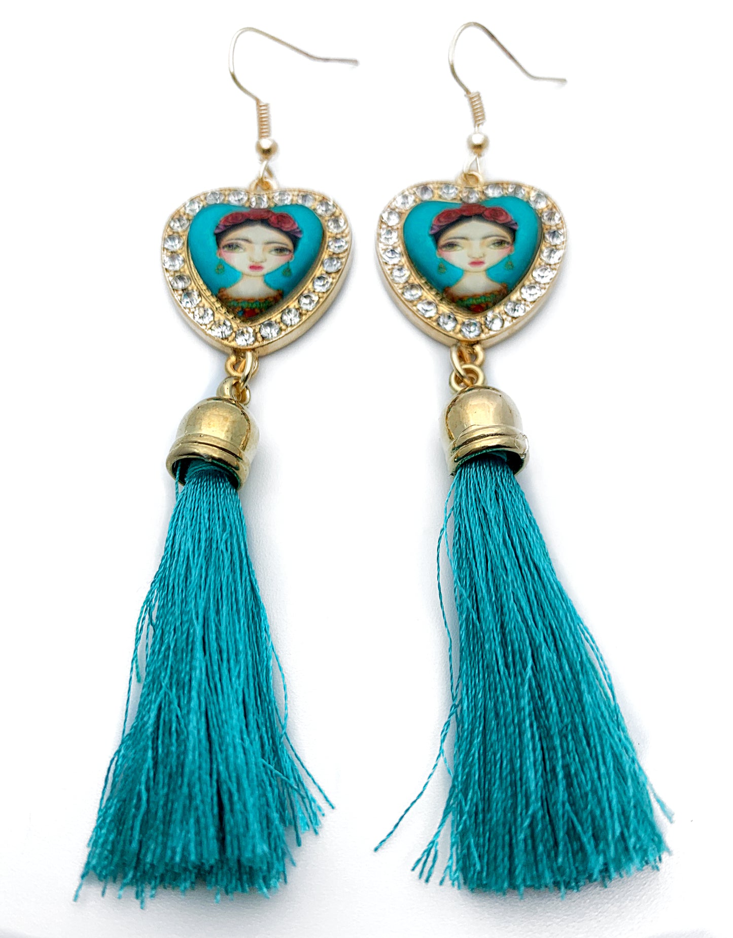 “Frida Heart” Teal Long Tassel Earrings