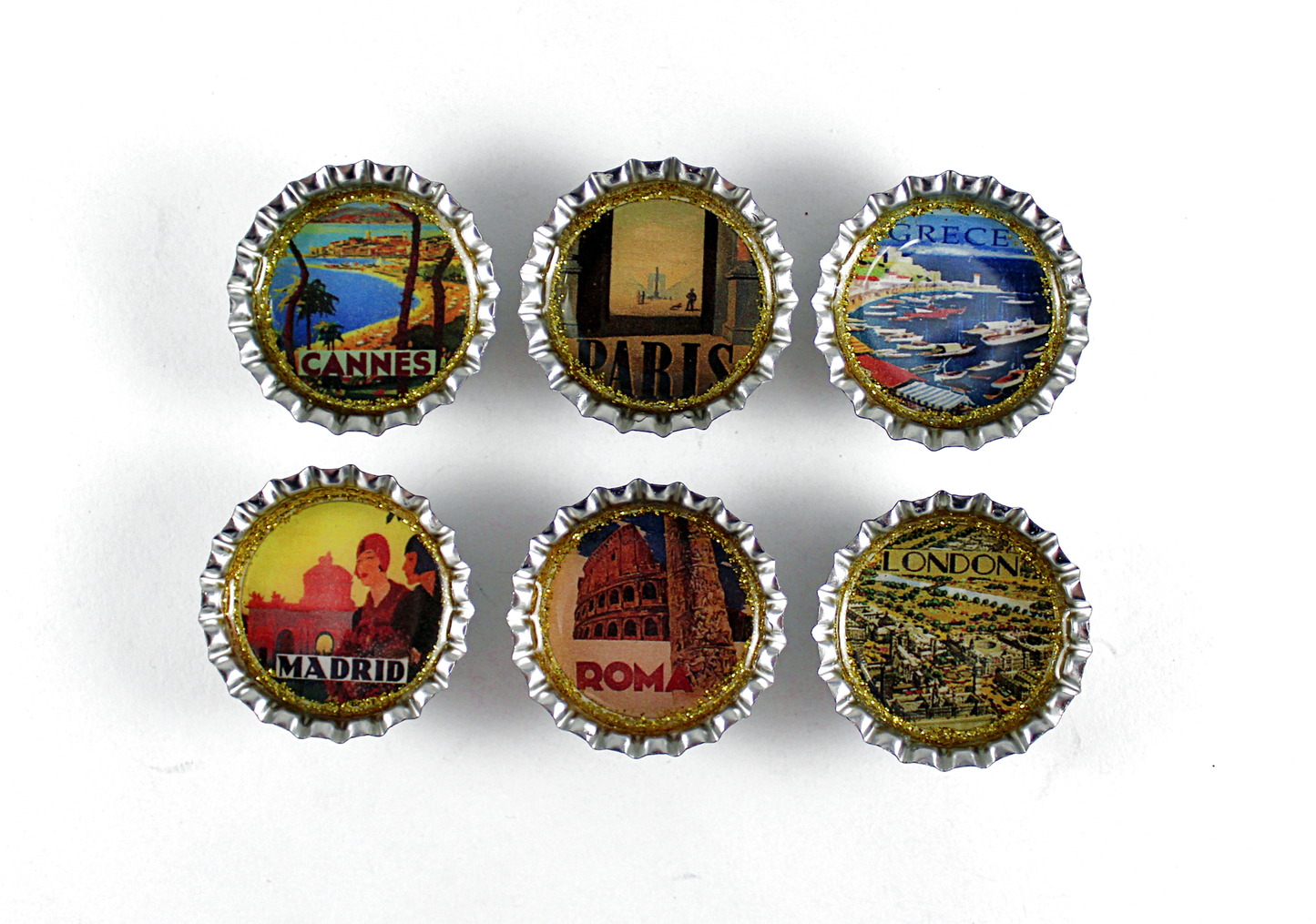 vintage Travel poster Bottle cap magnet set