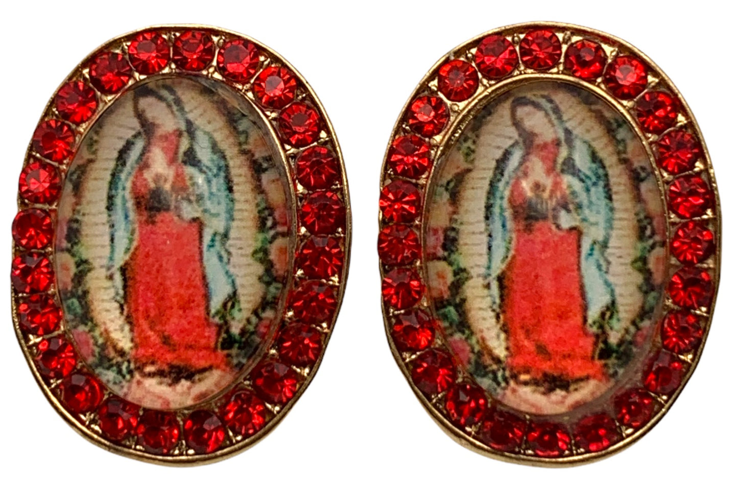 Oval Virgen de Guadalupe Post Earrings With Red Crystal Stones