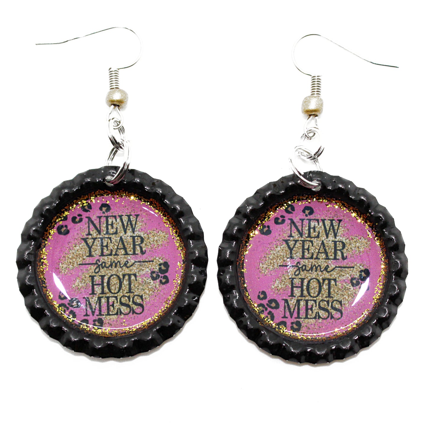 Pink “Hot Mess“ New Year Bottle Cap Earrings