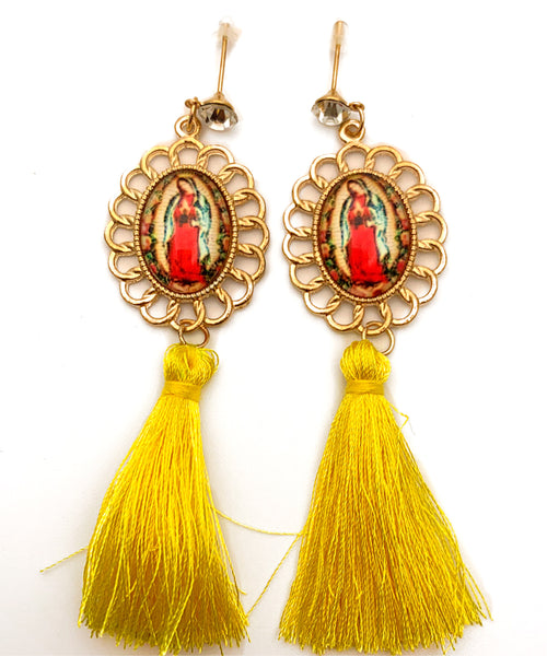 “Virgen de Guadalupe” Yellow Long Tassel Earrings