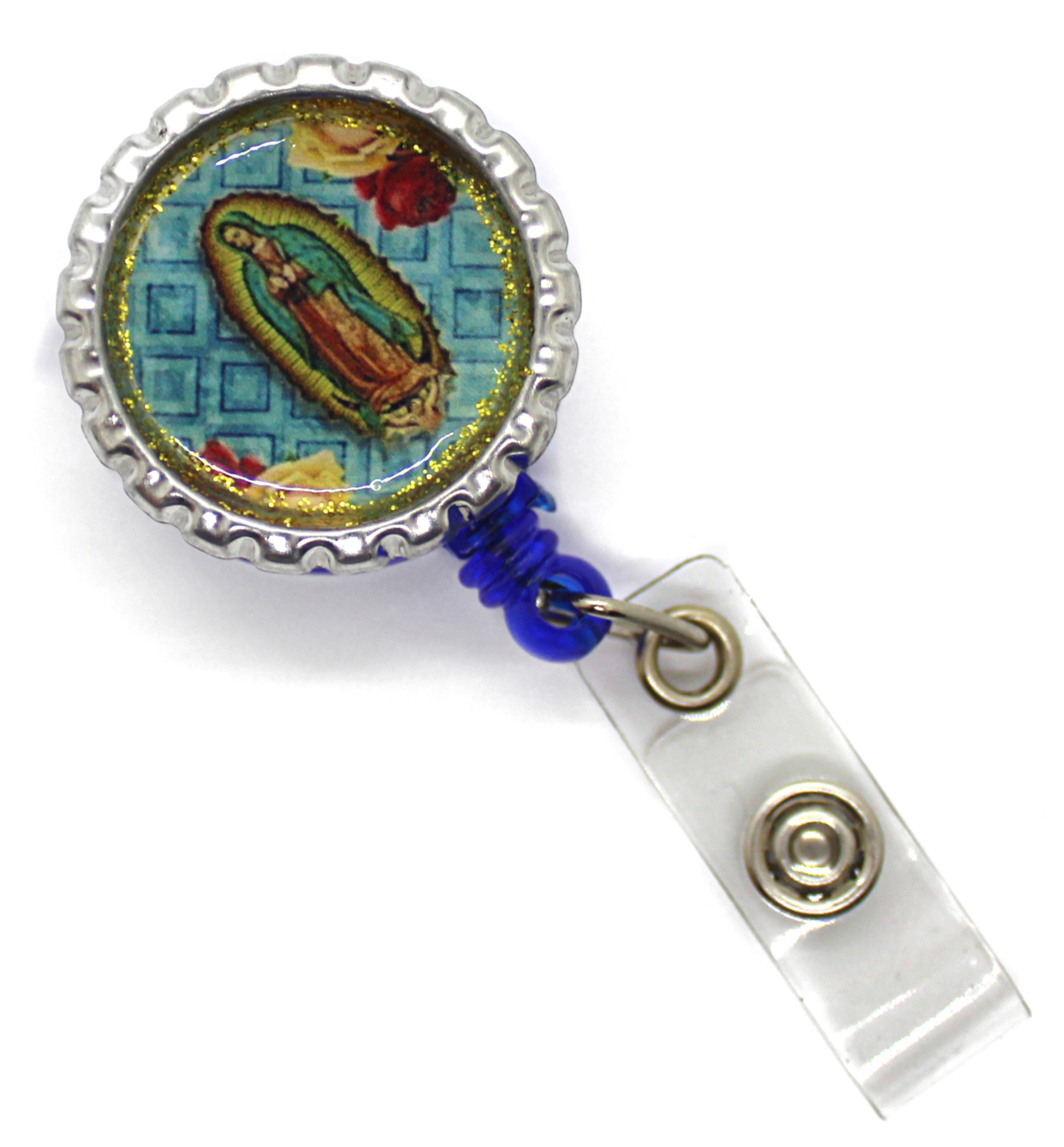 virgen de Guadalupe Bottle Cap Badge Reel