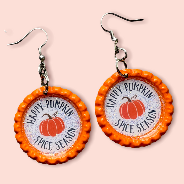 “Happy Pumpkin Spice Season” Bottle Cap Earrings
