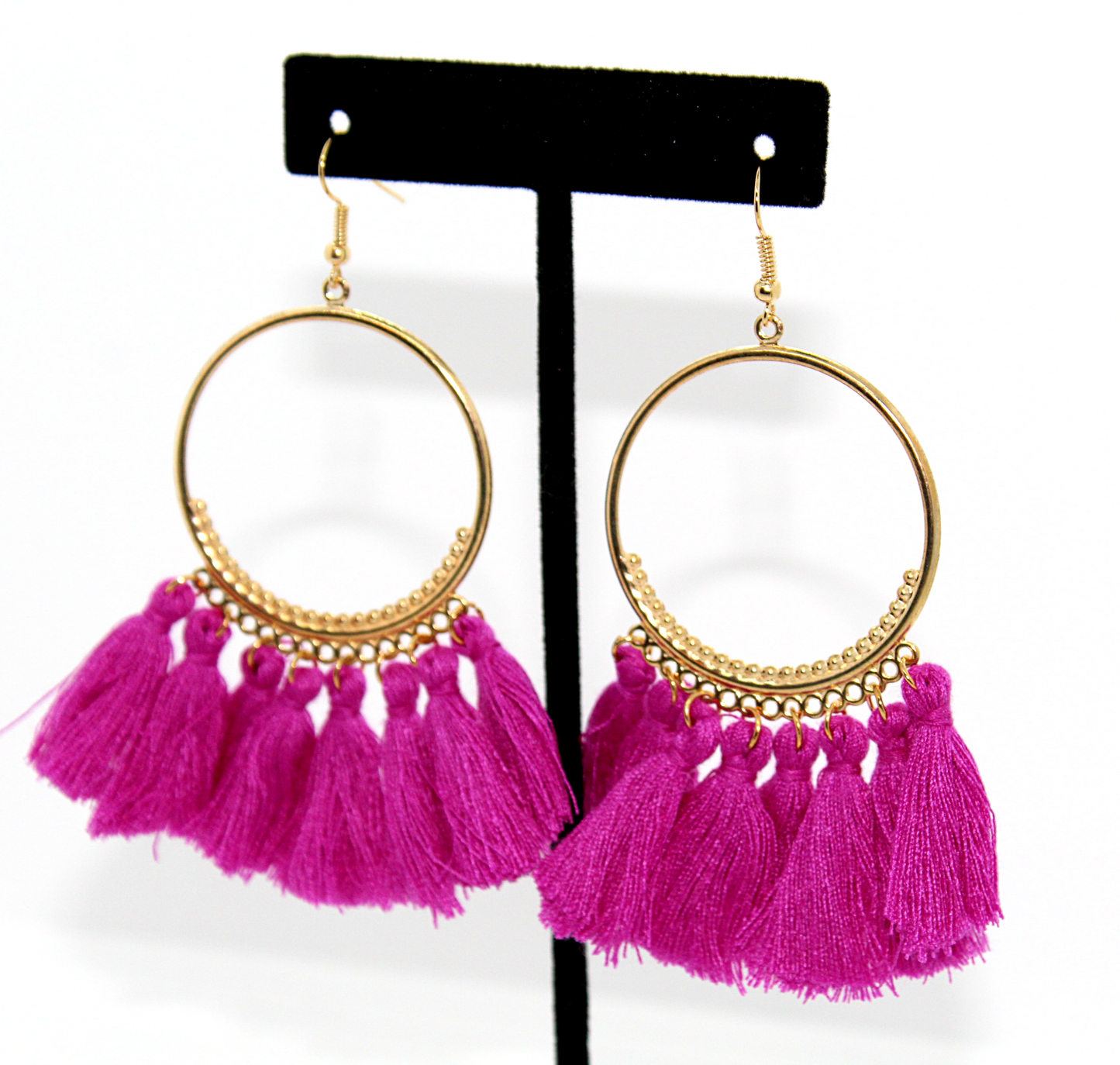 boho Fuchsia and gold hoop tassel earrings