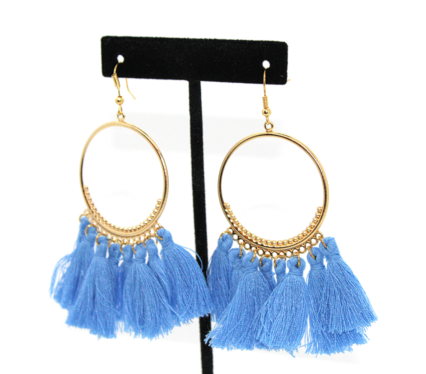boho blue and gold hoop tassel earrings