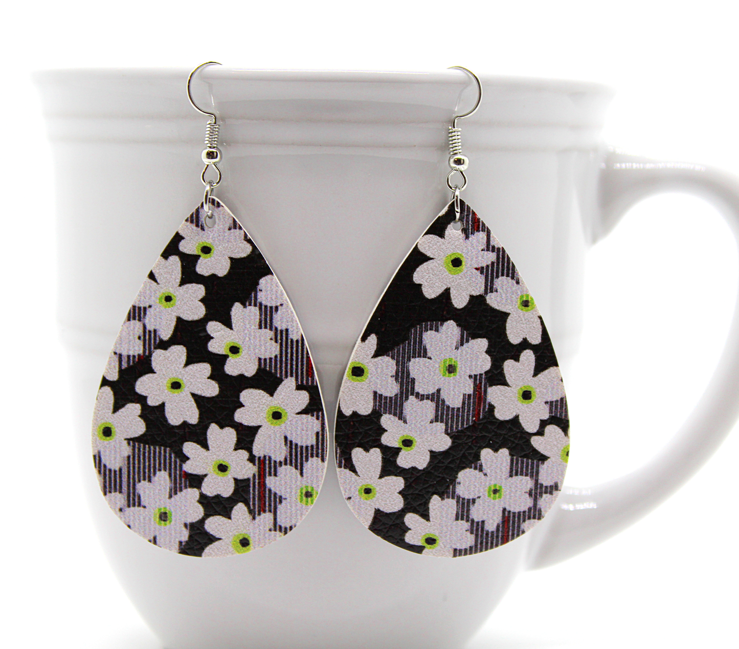 White & Black Floral Faux Leather Earrings
