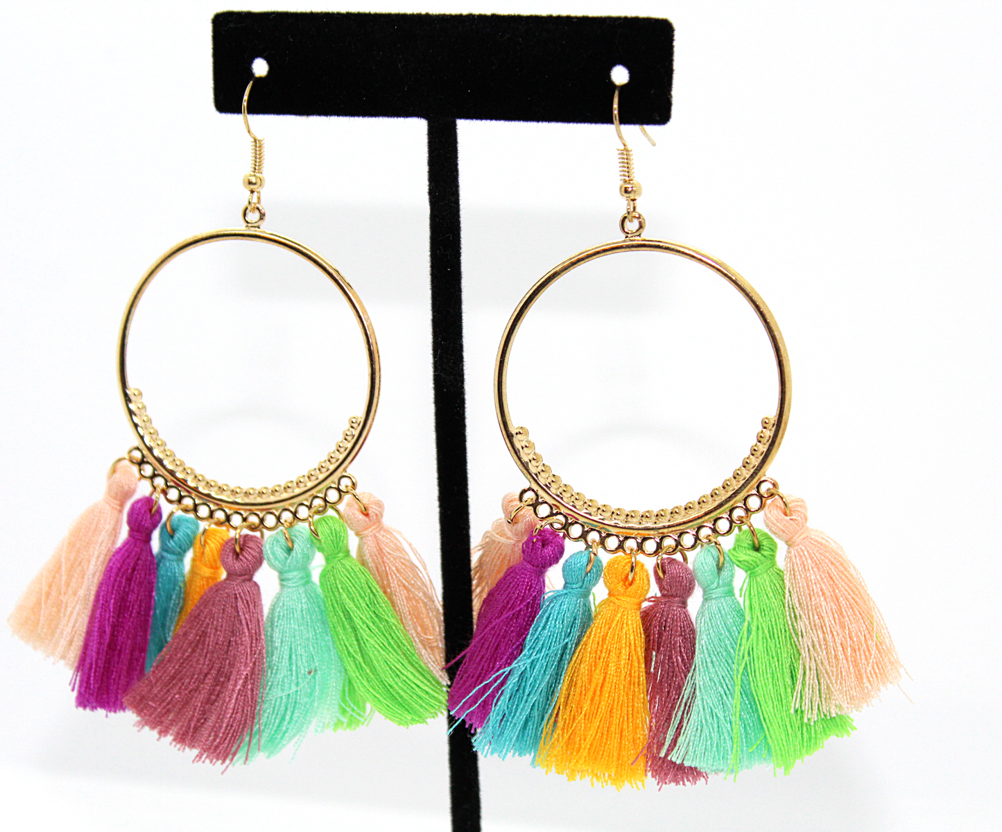 Boho Multicolor and gold hoop tassel earrings