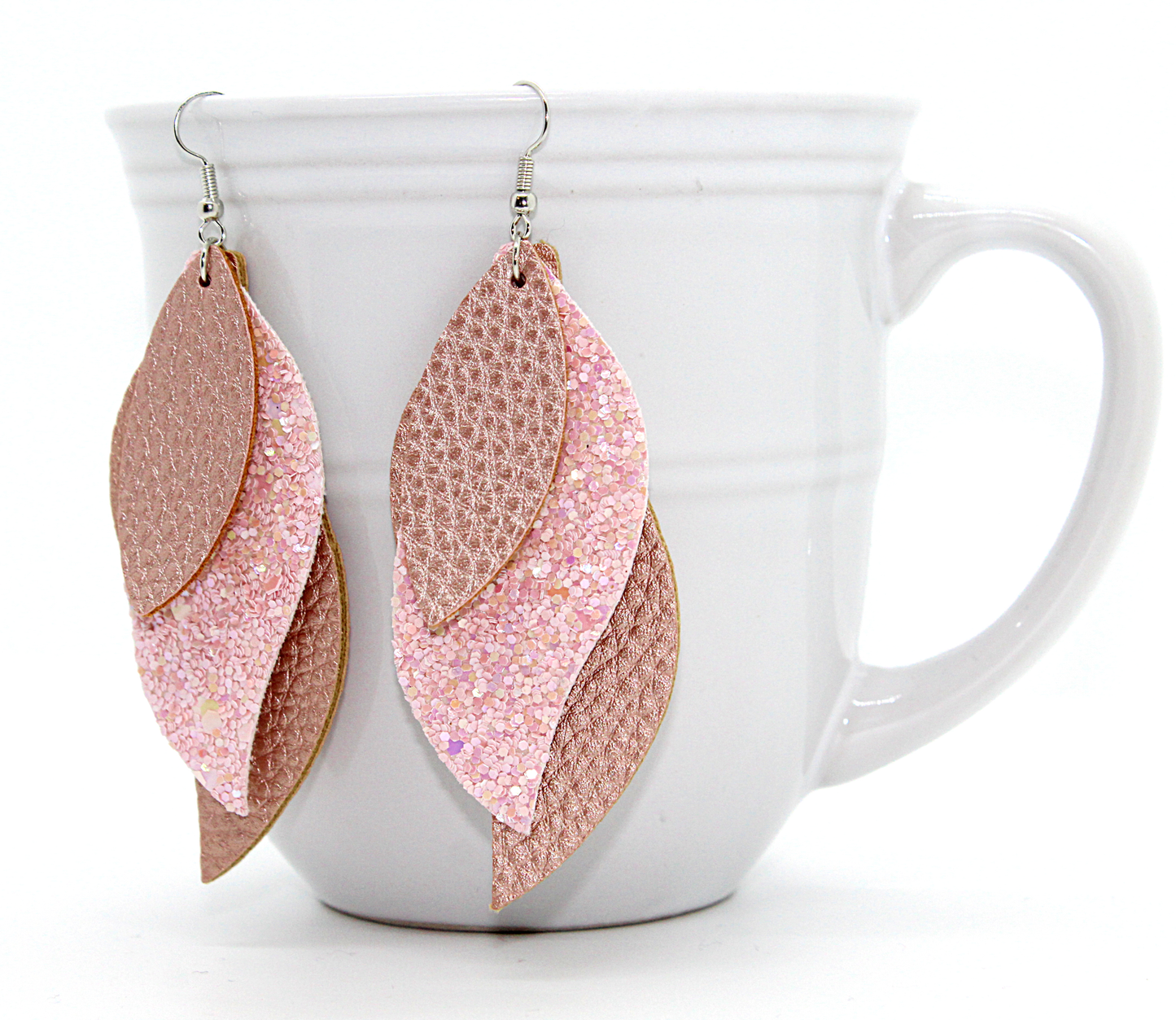 pink multilayered faux leather leaf earrings