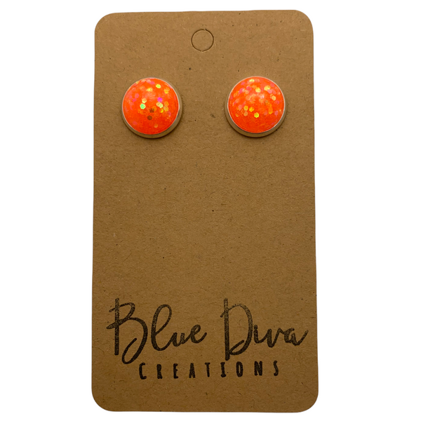 Neon Orange Glitter 12mm Earrings