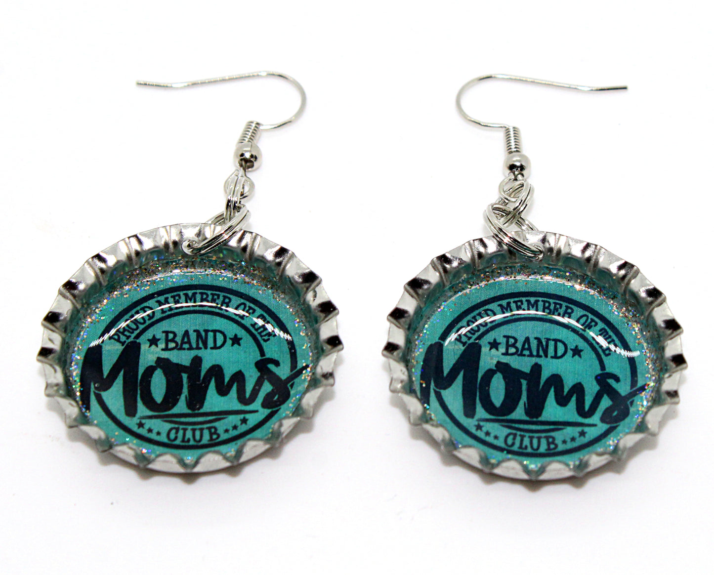 Turquoise “Band Mom’s Club” Bottle Cap Earrings