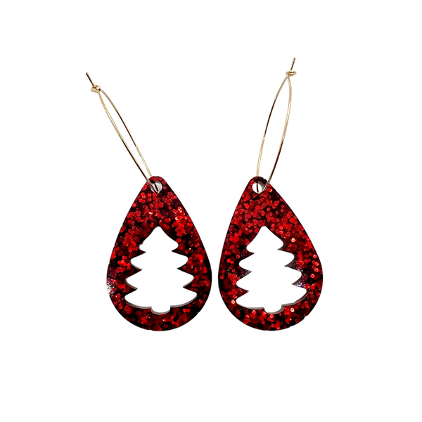 Red Glitter “Christmas Tree” Resin Earrings