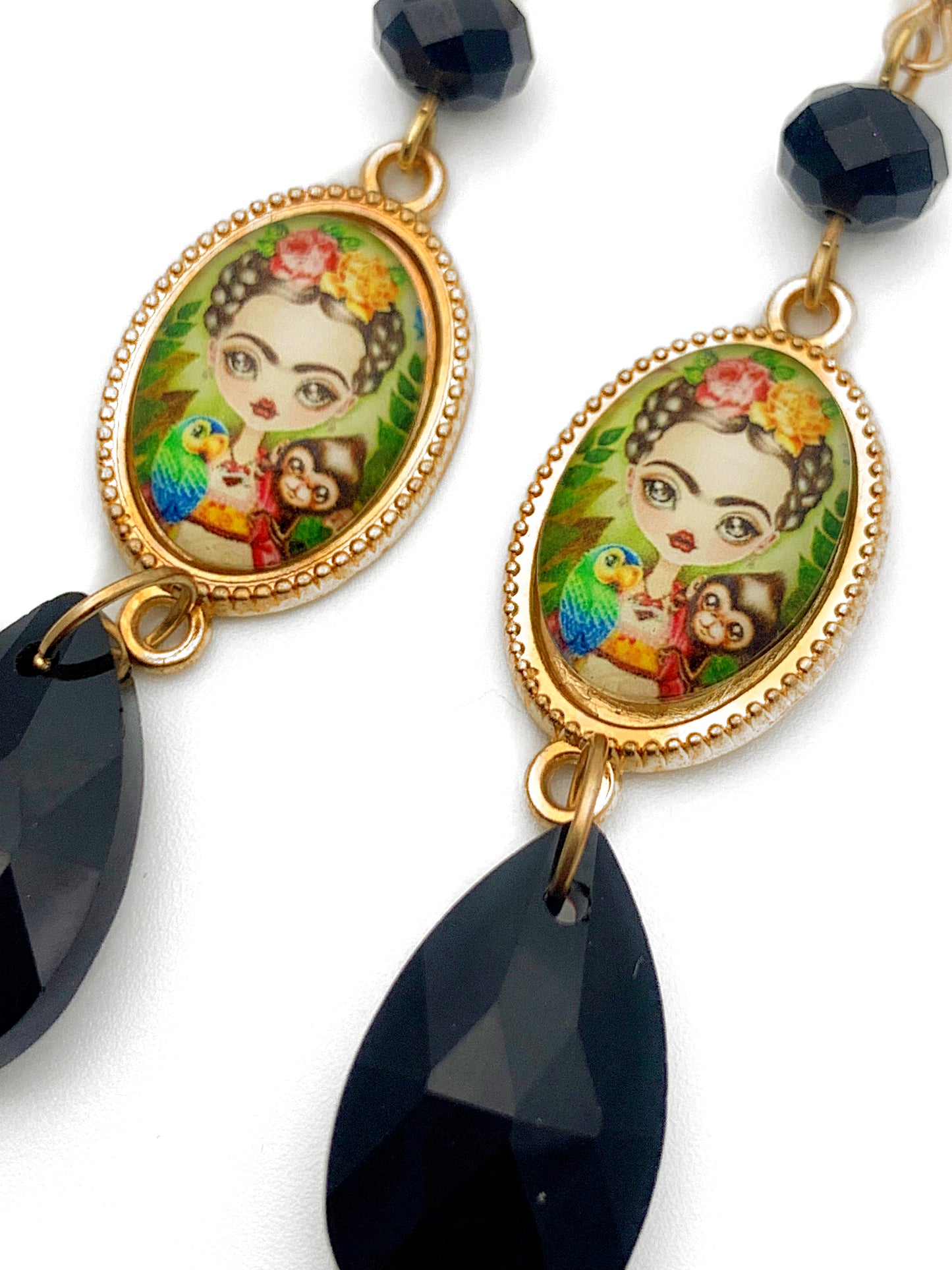 Black & Gold Frida Portrait Long Teardrop Bead Earrings