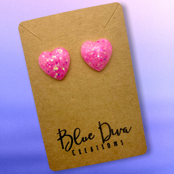 Neon Pink Heart Glitter 14mm Earrings